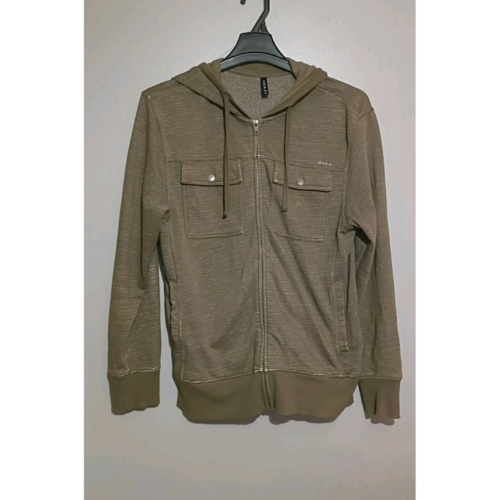 MEN'S GUYS RVCA Emery‎ Olive Green Subtle Striped Zip Up Fleece Hoodie  Size M